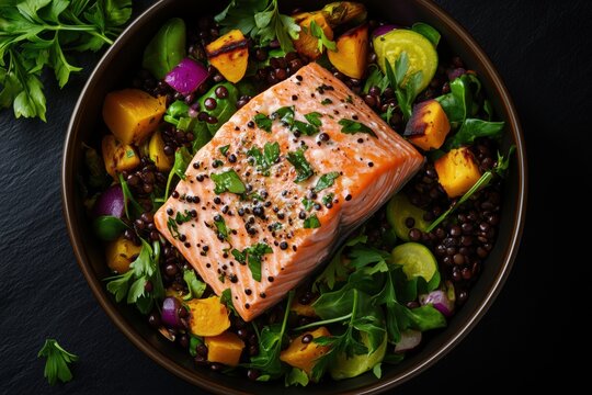 Baked salmon steak, root vegetable salad with black lentils, top view, dark background. - Powered by Adobe