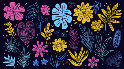 Colorful floral pattern with various flowers and leaves on dark background, creating vibrant and cheerful atmosphere