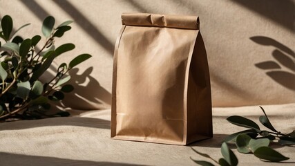 Brown paper bag positioned on a textured surface with green foliage in the background during a warm afternoon light
