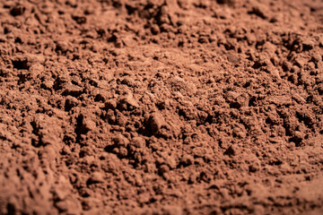 Natural dark brown cocoa powder textured background, closeup