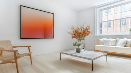 Bright And Modern Living Room Decorated With Minimalist Furniture And Vibrant Floral Arrangement