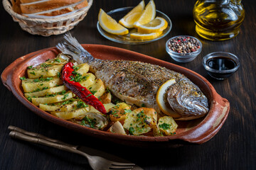 Appetizing baked dorado fish with potato, lemon, red chili pepper and spices in a clay plate, closeup. Healthy food concept, roasted dorado with garnish. Whole grilled fish for eat