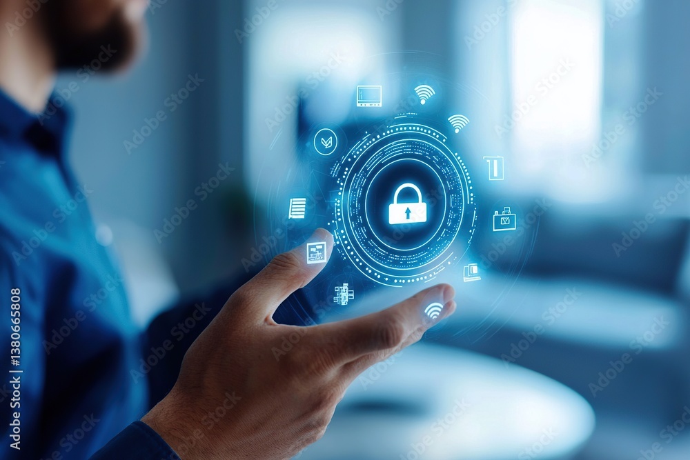 Poster a person interacting with a digital security interface, showcasing technology and data protection co