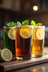 Iced tea with lemon and ice in glasses.