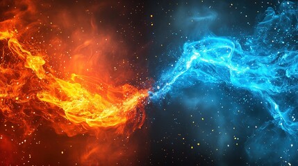 Abstract fiery wallpaper design with dual elements of red and blue flames blending into swirling smoke, intense color contrast between warm and cool tones. Dynamic background concept for digital art, 