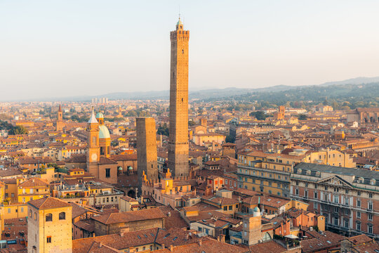 Bologna's iconic Two Towers, Asinelli and Garisenda, stand tall over the historic city.