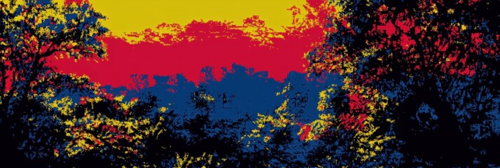 Abstract representation of a vibrant landscape featuring a blend of colors that evoke a sunset, surrounded by lush foliage, creating a serene and artistic atmosphere