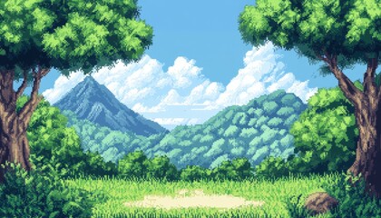 A serene landscape showcasing lush green trees framing a vibrant blue sky with fluffy clouds, overlooking distant mountains and a grassy clearing, ideal for nature-themed projects