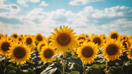 Fototapeta premium A vast sunflower field swaying in the breeze, golden blooms stretching endlessly under a warm summer sky,
