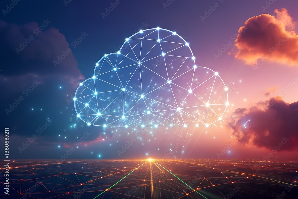 Poster abstract cloud made of glowing data nodes connect futuristic cloud with data connections against a v