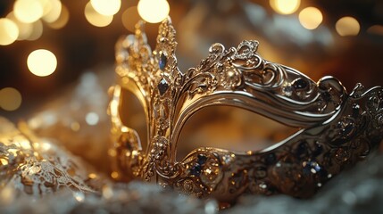Close-up of an ornate, dark-colored masquerade mask with delicate gold detailing