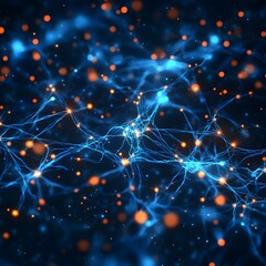 Obraz premium Abstract Neural Network Visualization with Glowing Blue and Orange Patterns on Dark Background