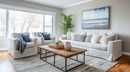 Comfortable and stylish living room interior with natural light and decor accents