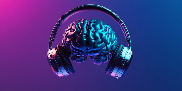 Metallic brain wearing headphones against vibrant purple and blue gradient background, showcasing the concept of audio learning, mental stimulation, or music therapy