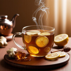 image of a steaming cup of ginger tea in a transparent glass mug, showcasing its rich golden-brown hue. 