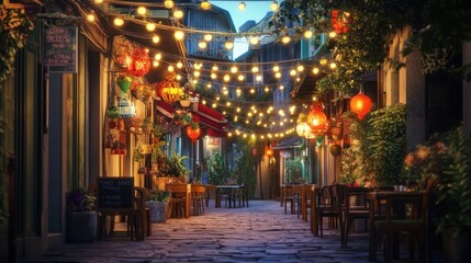 Charming alleyway with glowing lights and cozy cafes at twilight creating an inviting atmosphere