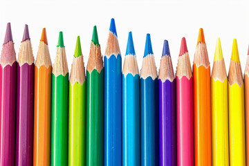 Close-up of a colorful row of sharpened colored pencils against a white background. Art, drawing, creativity, and school supplies concept.