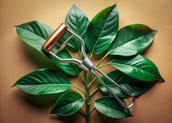 Obraz premium Vintage Sepia Eyelash Curler & Lush Green Leaves: Beauty & Nature Still Life