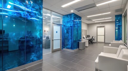 Modern office interior with blue wave wall design, white furniture, and workspace setup
