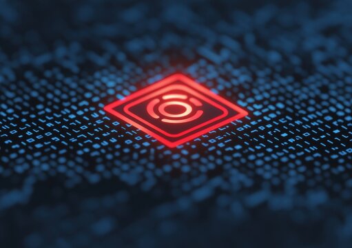 Digital Abstract Design with Red Geometric Shape and Binary Code