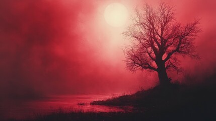 Red moon over tree silhouette by water's edge. Misty, surreal landscape