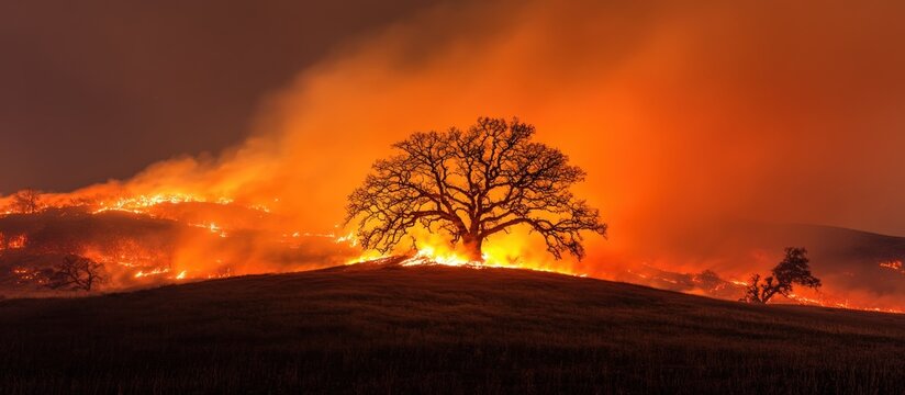 Night wildfire engulfing hill, lone tree survives