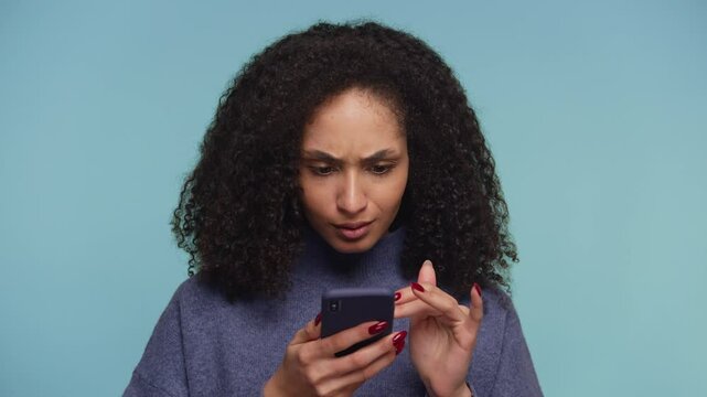 Concerned Woman Reacting to Online Shopping Prices on Blue Background