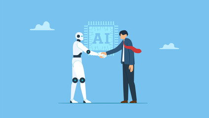 Businessman and AI robot handshaking. Working together with AI Artificial Intelligence, human cooperate with machine or robot, AI help or support coworker, assistance or partnership.