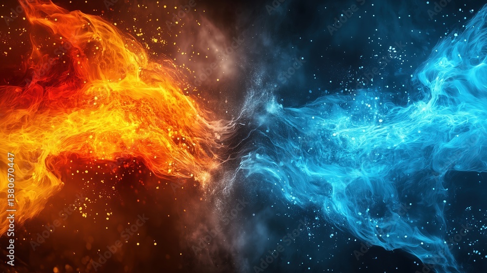 Poster abstract fiery wallpaper design with dual elements of red and blue flames blending into swirling smo