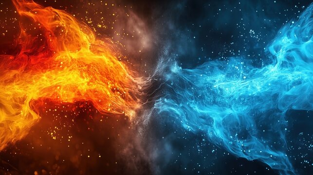 Abstract fiery wallpaper design with dual elements of red and blue flames blending into swirling smoke, intense color contrast between warm and cool tones. Dynamic background concept for digital art, 