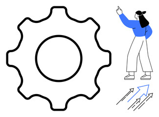 Gear and arrows signify functionality and progress. Woman pointing reinforces inspiration and direction. Ideal for innovation, teamwork, mechanics, growth, leadership, achievement, flat simple