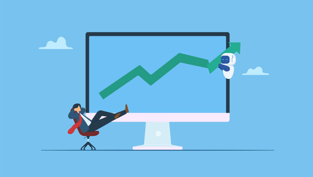 Businessman looking growth graph at desktop screen. AI robot, virtual assistant helps business growth. Embrace AI concept.