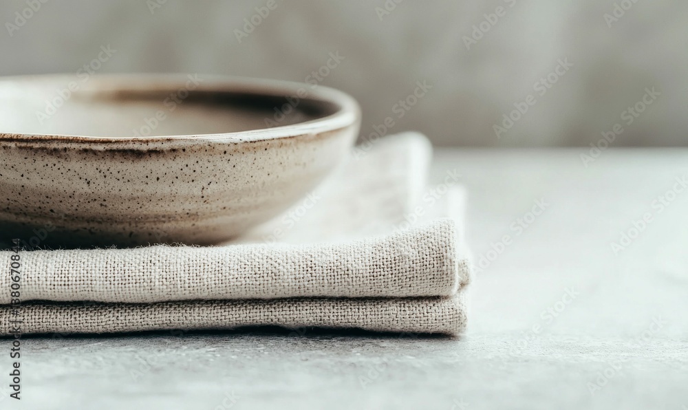 Aufkleber a rustic ceramic bowl sits atop folded linen, creating a simple yet elegant composition on a table.
