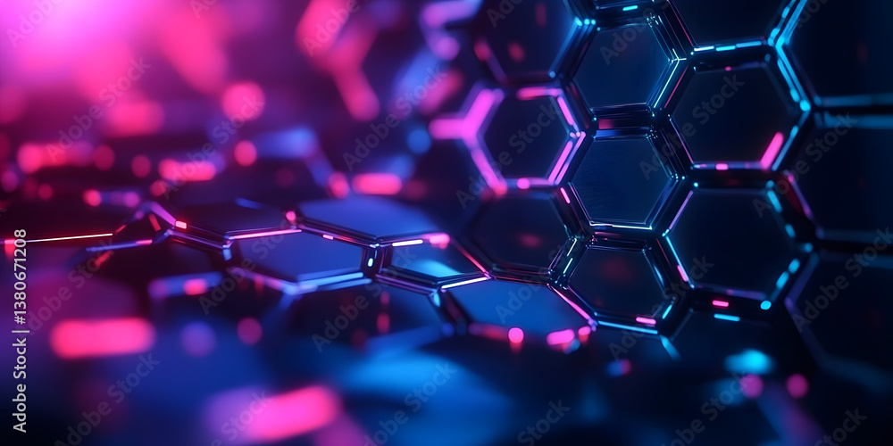 Poster futuristic hexagonal patterns illuminated with vibrant light beams creating an immersive digital exp