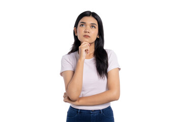 Thoughtful young Asian woman with hand on chin, looking up and deep in thought, isolated on...