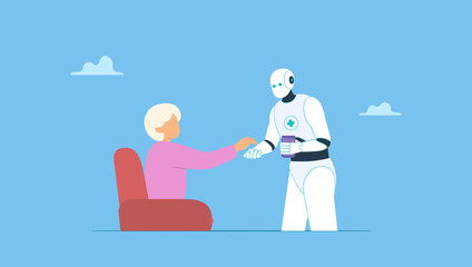 AI robot helps senior take medicine. Robot nurse, caretaker, Elderly healthcare and support, age caregiving.