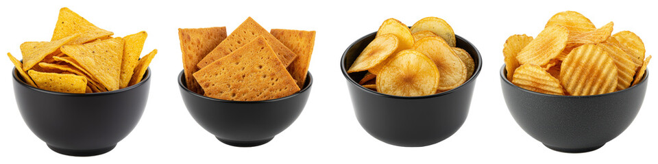 Fototapeta premium Four bowls of tortilla chips, crackers, and potato chips.