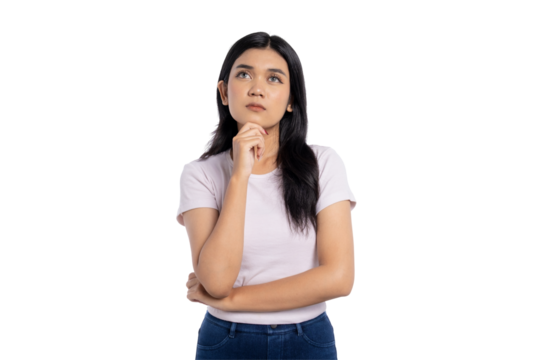 Thoughtful young Asian woman with hand on chin, looking up and deep in thought, isolated on transparent background
