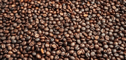 Fototapeta premium Richly-hued roasted coffee beans spread across a surface, resembling a thick carpet, grain, coffee shop