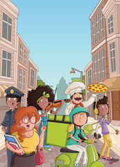 Group of cartoon people in a city. City landscape with buildings.