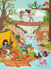 Group of cartoon people camping.Camping with kids, tent, river and animals. 