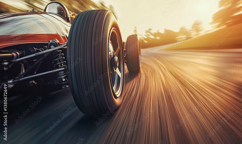 Poster a vintage race car, captured in motion, speeding around a racetrack curve with motion blur.