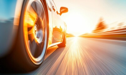 A sports car races at high speed with motion blur on a road at sunset.