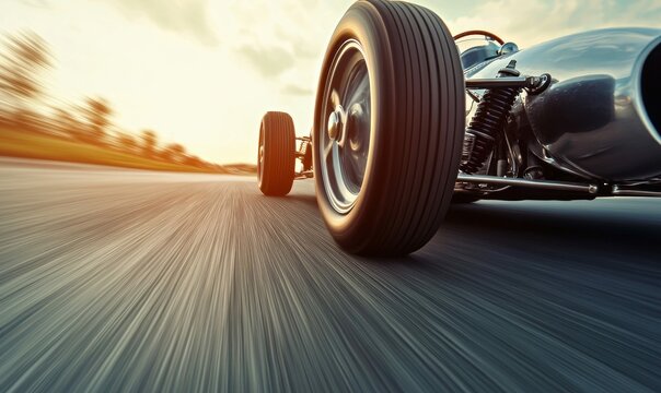 A vintage race car in motion, capturing speed and classic automotive design in a sunny scene.