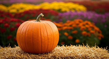 Autumn Pumpkin on Hay Bale with Fall Flowers AI Generated