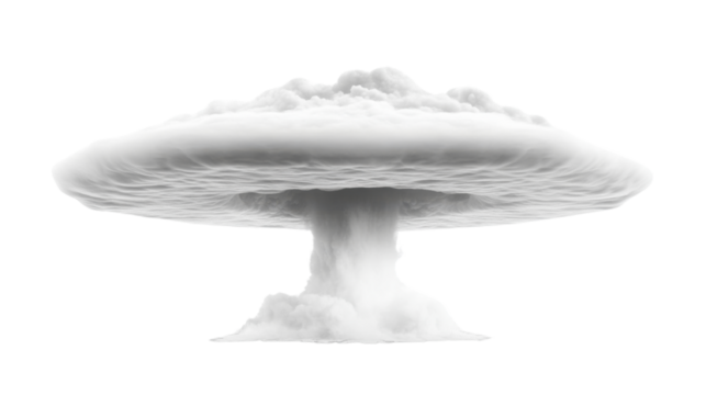 Massive Nuclear Explosion with Fiery Mushroom Cloud Isolated on White Background for Disaster and Energy Concepts