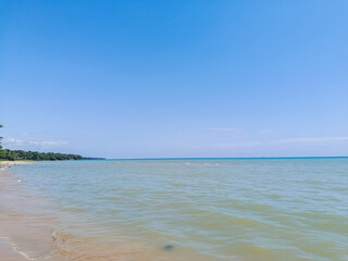 Peaceful Tropical Beach with Clear Blue Sky and Calm Sea