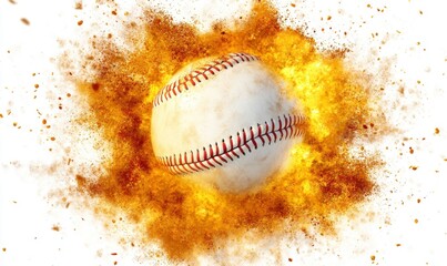 Baseball exploding in flames on white background, sports action image