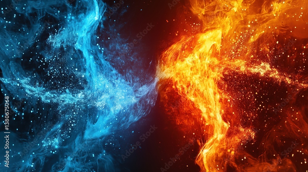 Poster abstract fiery wallpaper design with dual elements of red and blue flames blending into swirling smo