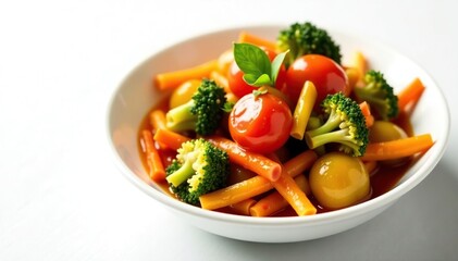 Stir-fried vegetables, glistening sauce, white background, shrimp, sauce, glossy